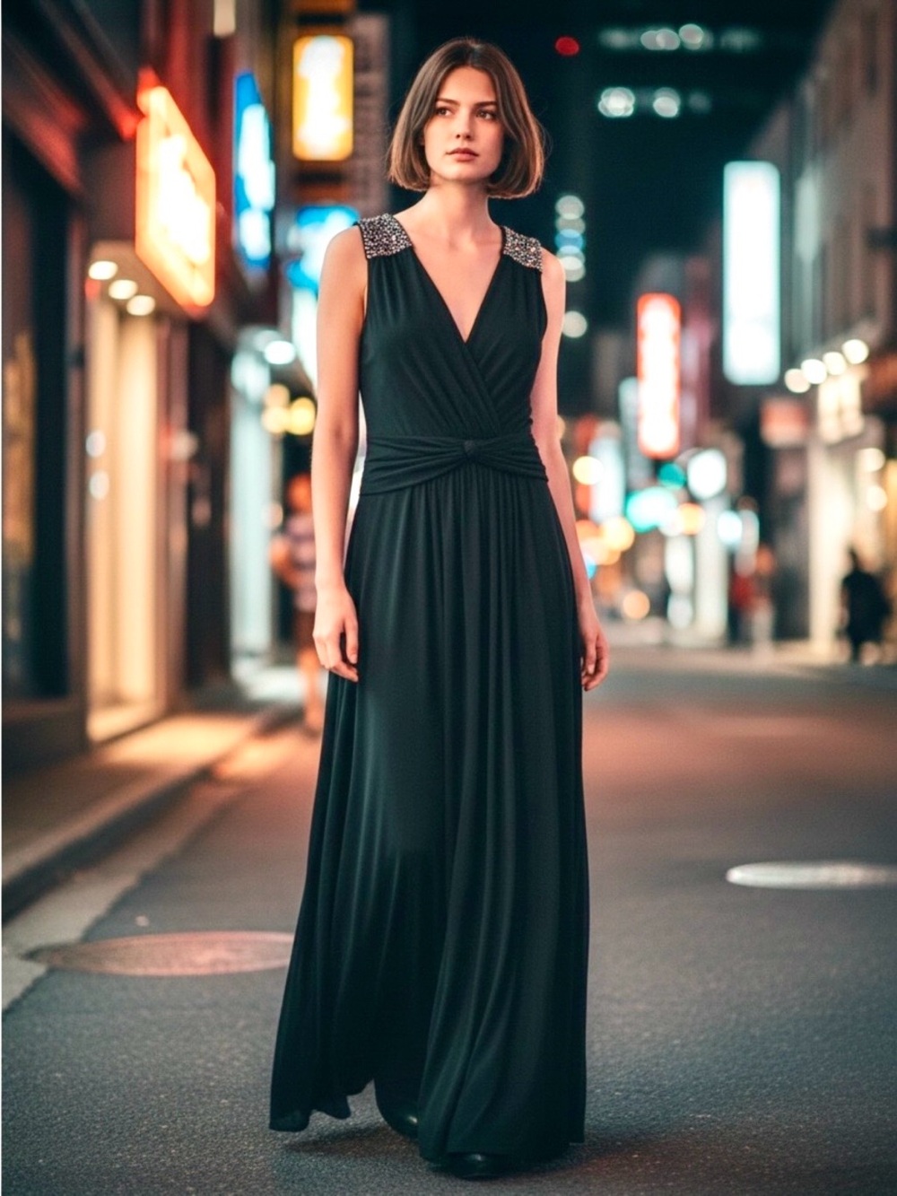 Avaleigh Black Beaded Shoulder Maxi Formal Evening Gown Dress Medium